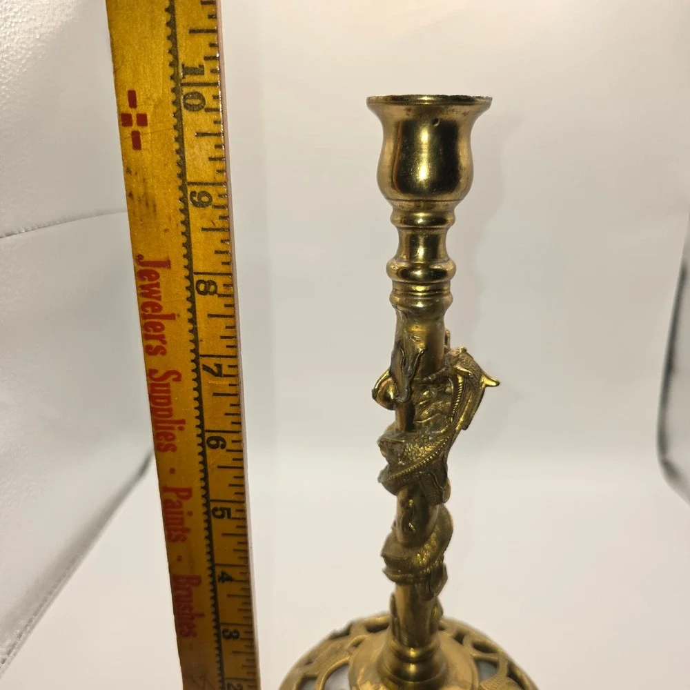 Vintage Brass Dragon Candlestick Holder Ornate Filigree Base 10 Inch Chinoiserie